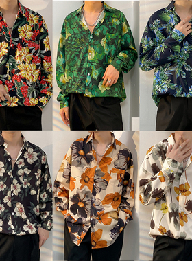 港风vintage复古日系长袖衬衫男百搭潮流花衬衣个性情侣痞帅外套