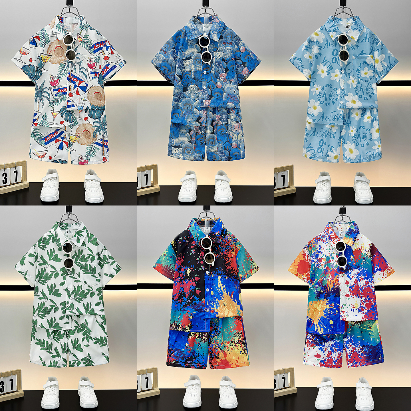 男童衬衫夏装套装2025新款儿童海边休闲男宝宝夏季帅气短袖花衬衣