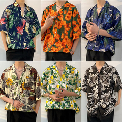 港风vintage花衬衫男女复古夏威夷痞帅宽松情侣短袖衬衣潮牌外套