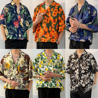 港风vintage花衬衫男女复古夏威夷痞帅宽松情侣短袖衬衣潮牌外套