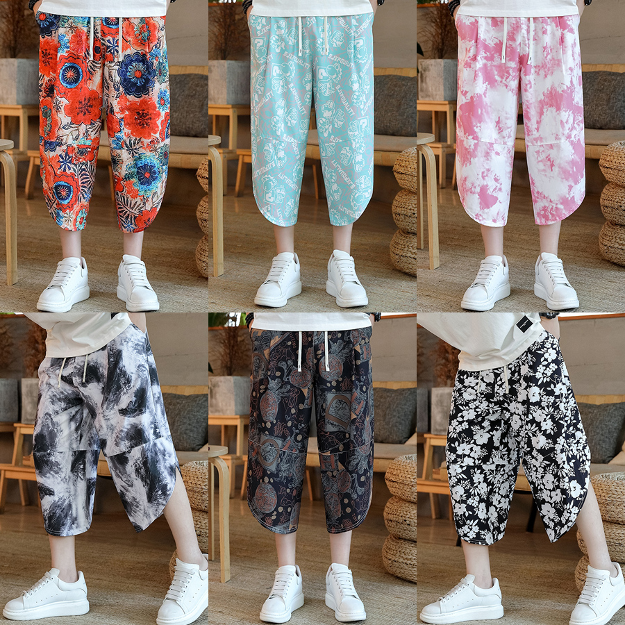 泰国花裤子男夏季沙滩裤七分短裤宽松潮流阔腿灯笼裤中国风萝卜裤