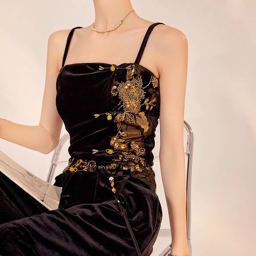 休闲阔腿直筒裤女新中式丝绒吊带