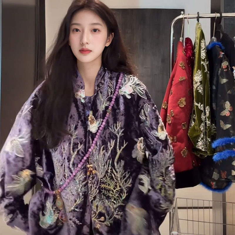 中国风冬季款休闲重工刺绣珠片丝绒外套女装新中式加厚亮片棉服