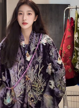 中国风冬季款休闲重工刺绣珠片丝绒外套女装新中式加厚亮片棉服