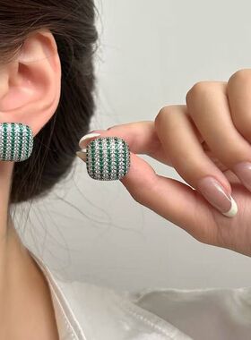 复古撞色方形密镶锆石轻奢耳钉