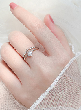 新款双层锆石星星戒指女简约小众日韩网红同款通勤开口可调节指环