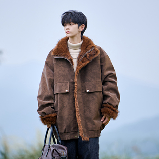 二更美式座山雕皮毛一体棉服男冬季潮流加厚毛绒保暖男生棉衣外套