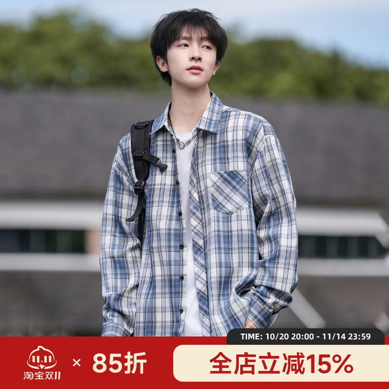 二更美式复古长袖格子衬衫外套男春秋季高级感痞帅宽松休闲衬衣潮