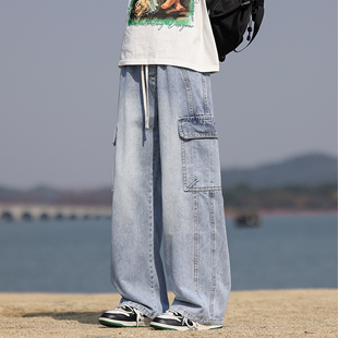 春秋季 二更復古工裝 牛仔褲 男款 寬松直筒水洗做舊闊腿潮流休閑長褲