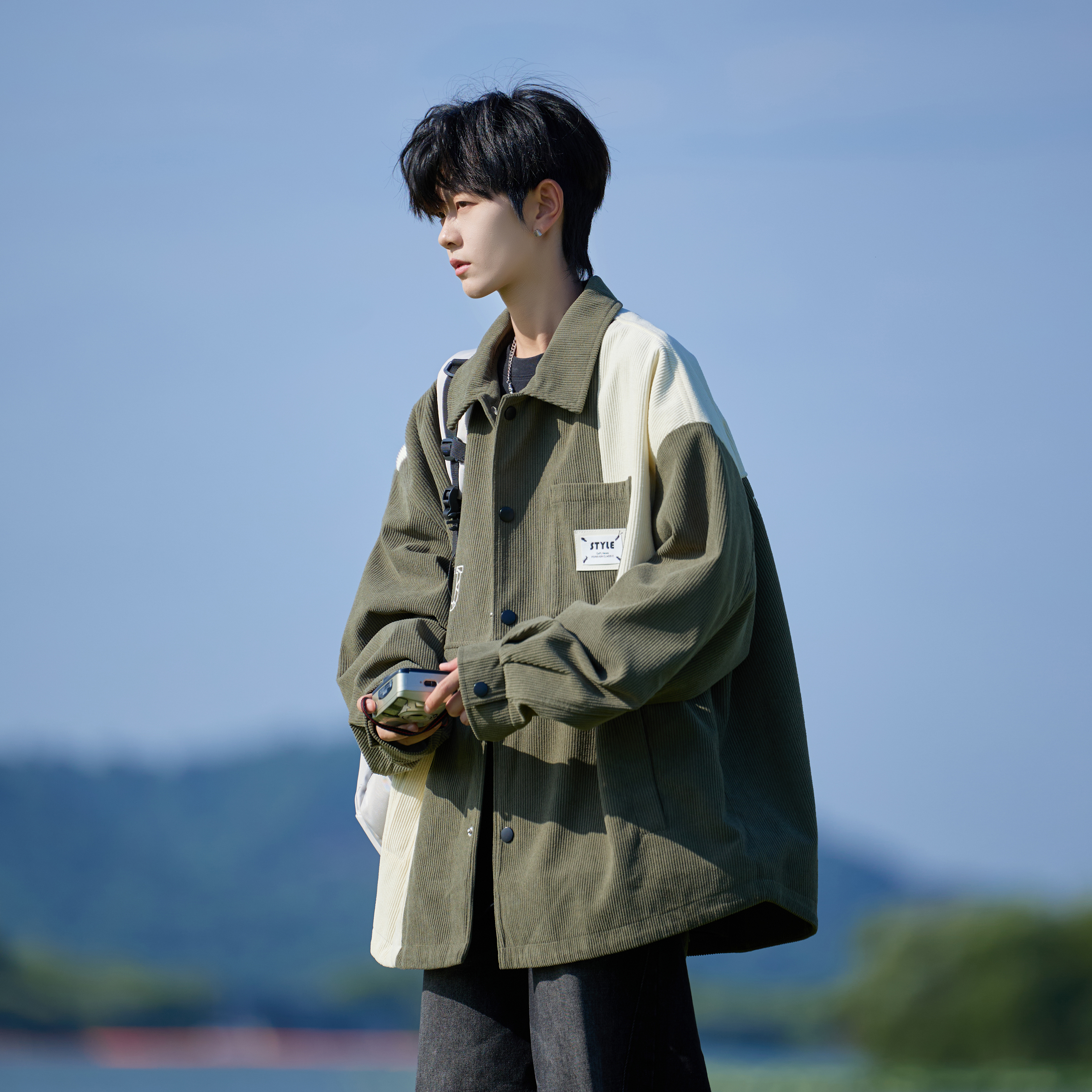 灯芯绒外套男春秋撞色翻领夹克