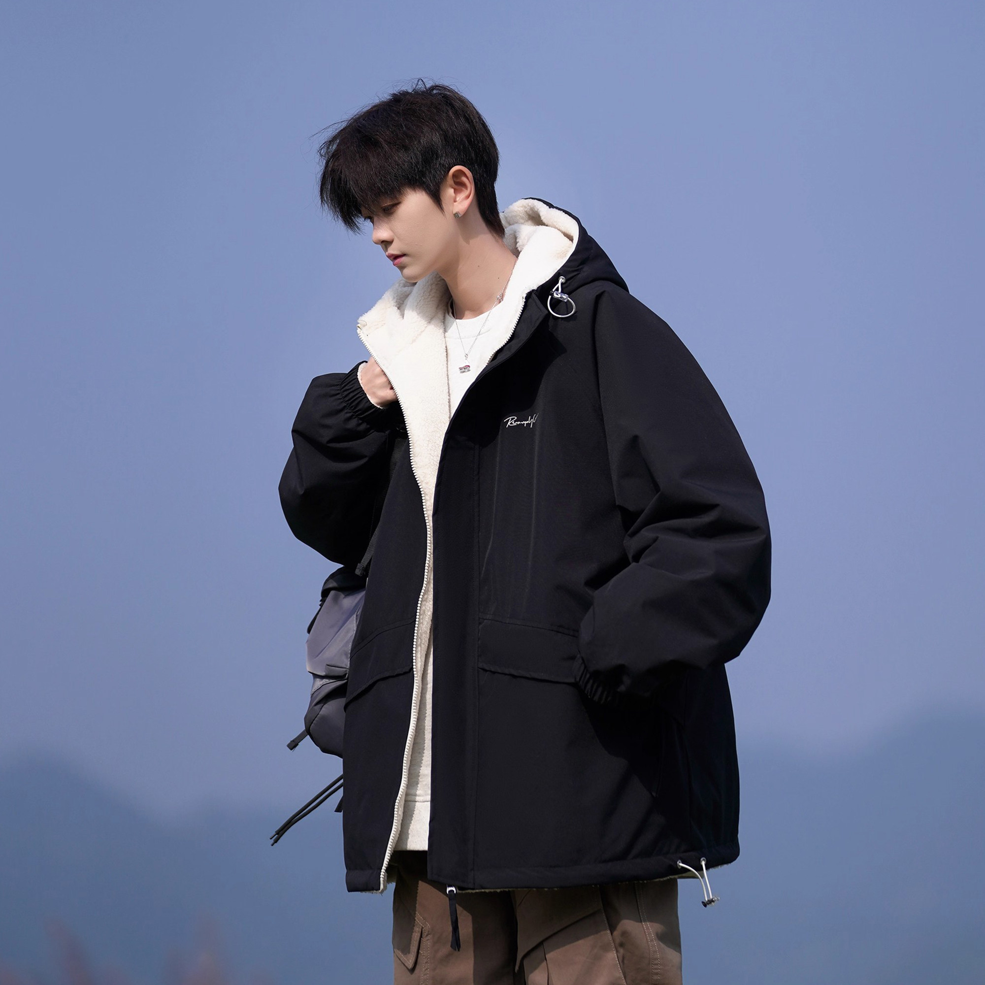 二更双面穿羊羔绒棉服男冬季