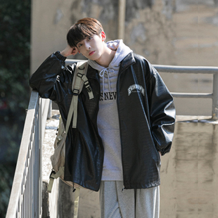 二更港风鳄鱼纹皮衣夹克男春季2026新款美式字母印花潮牌男生外套