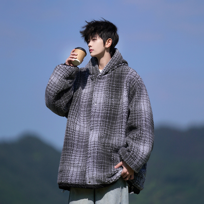 @二更 双面穿羊羔绒外套男款秋冬季新款棉衣加绒加厚宽松连帽棉服