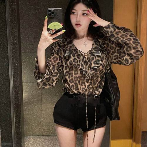 豹纹长袖衬衫女薄荷叶边系带上衣
