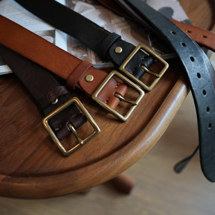 水染植鞣牛皮美式 休闲皮带腰带 复古铜日字扣百搭休闲真皮牛仔工装