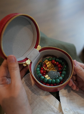 植鞣牛皮复古随身旅行便携真皮大容量戒指手镯圆形首饰盒收纳包