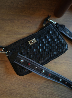 鹿小姐植鞣牛皮复古高级感编织铆钉小方包真皮时尚单肩斜挎女包