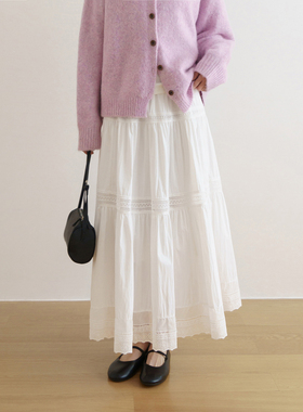 floradance「早春小白裙」蕾丝镂空拼接伞裙女2026新款A字半身裙