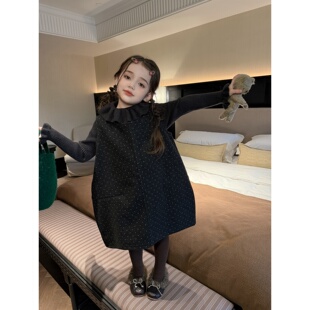 女童秋冬长袖荷叶边领毛衣呢子裙套装千金风韩版黑色波点背心裙秋