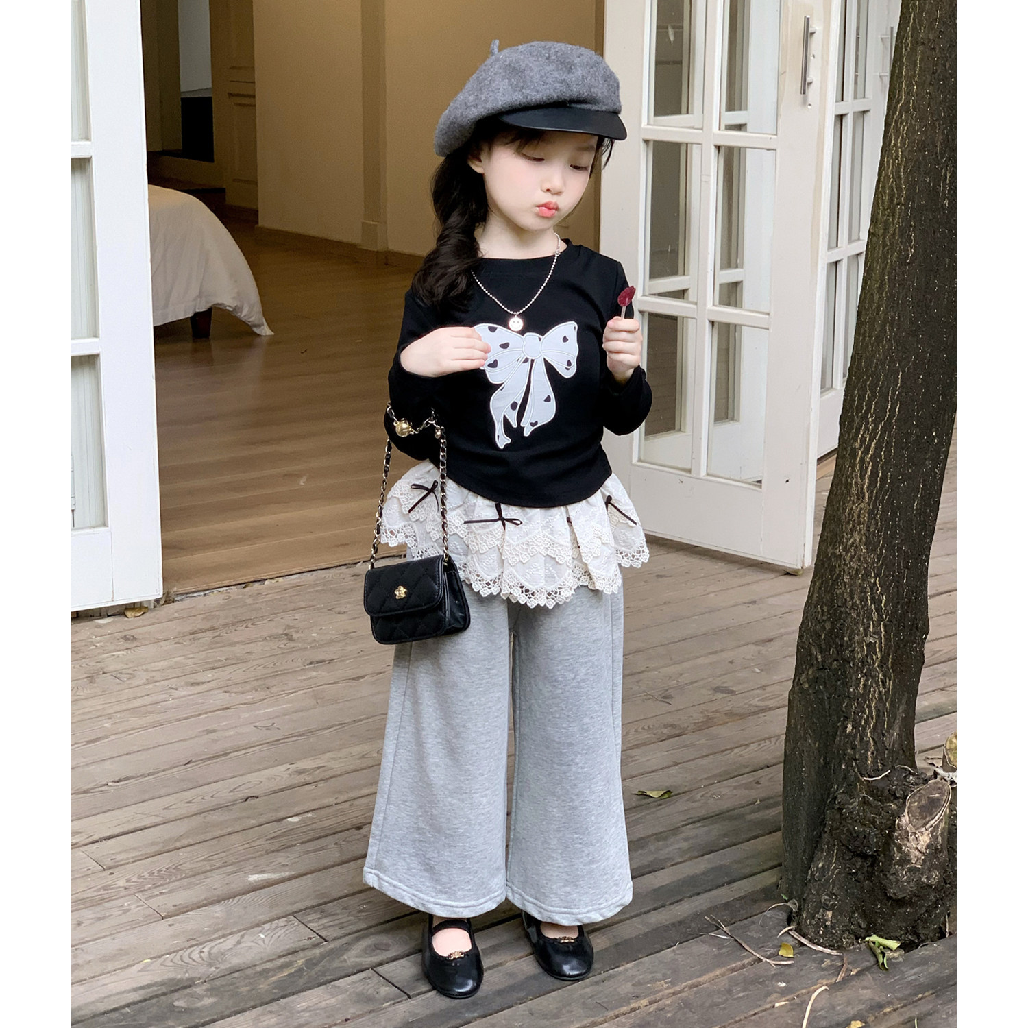 2025秋季女童韩版蝴蝶结T恤花边裤套装儿童洋气时髦打底衫童装潮,童装/婴儿装/亲子装,套装,淘宝优惠券,粉丝福利购,淘宝优惠卷