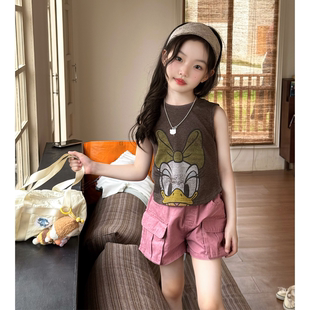 韩版女童夏季印花无袖背心工装短裤2件套装可爱卡通修身套装夏装