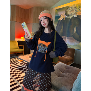韩版女童猫咪印花长袖T恤波点半裙休闲裤三件套秋季宽松洋气套装