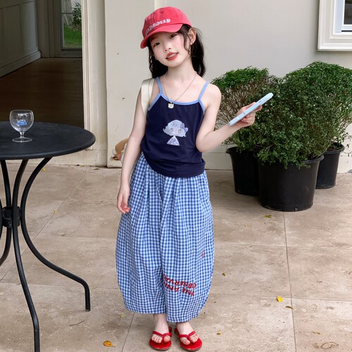 韩版女童夏季卡通吊带格子套装