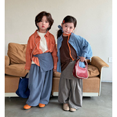 长袖 男女童韩版 2026春季 兄妹装 翻领宽松休闲复古风上衣 格子衬衫