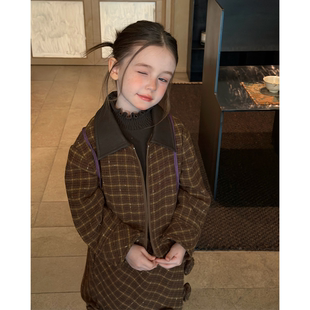 女童韩版复古格子翻领毛呢套装2026秋季儿童学院风两件套外套秋装