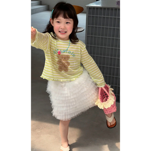 儿童白色网纱裙2件套装 T恤2026春季 可爱条纹小熊印花长袖 女童韩版