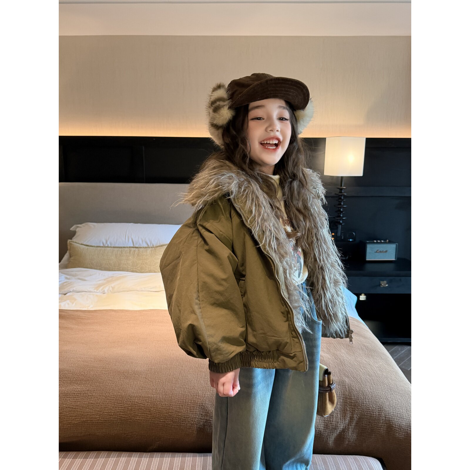 韩版女童连帽毛领加厚棉服外套军绿色拉链棉袄秋冬装儿童棉衣外套