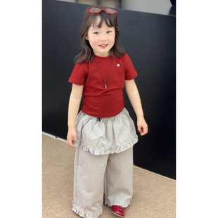 韩版女童红色露背T恤花边阔腿裤两件套洋气2026春装儿童短袖裤子