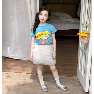女童韩版卡通图案短袖上衣米白色蓬蓬裙2026夏季新款洋气百搭套装