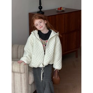 韩版白色菱格绗缝连帽棉服女童夹棉保暖棉衣外套儿童休闲百搭上衣