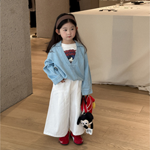 2025秋季女童韩版假两件牛仔外套儿童洋气休闲白色阔腿裤套装童装