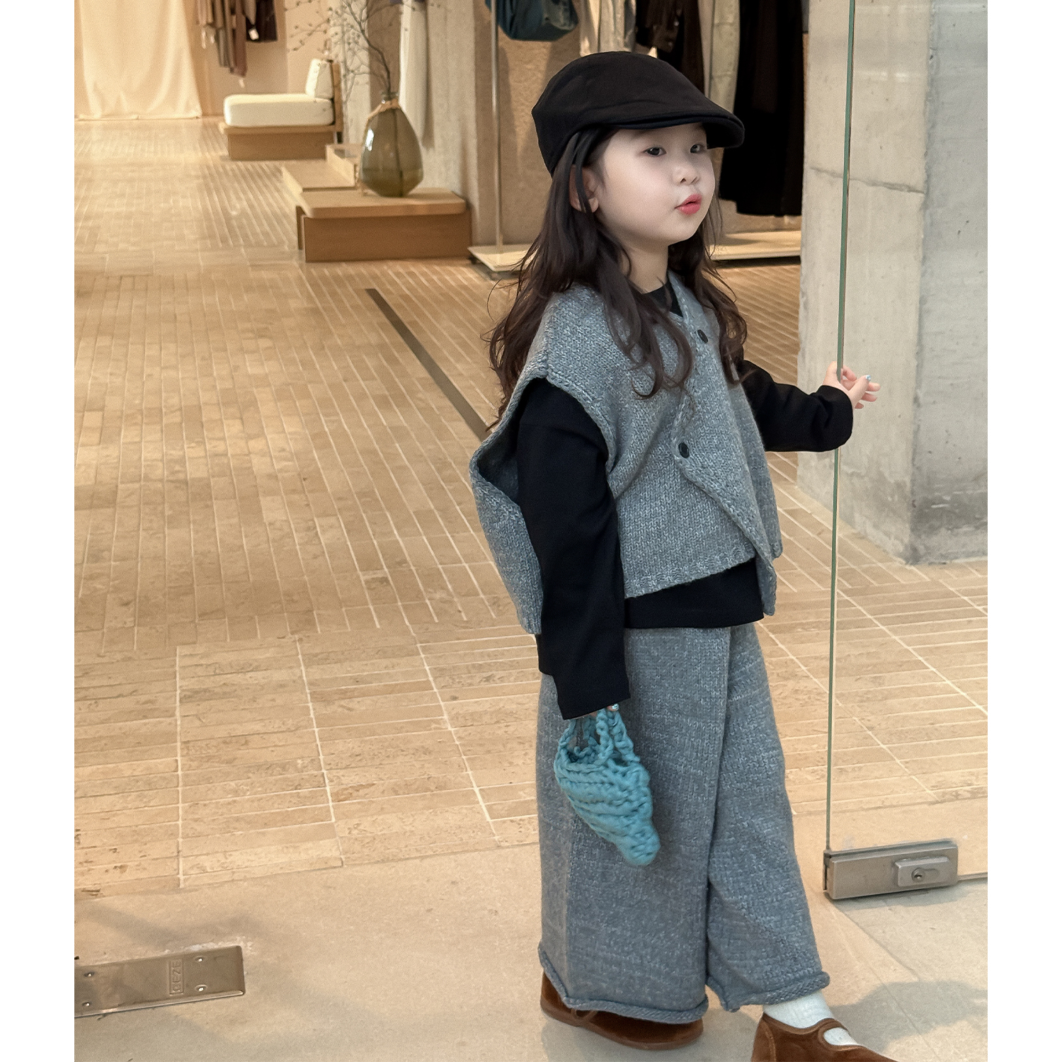 女童毛衣针织马甲阔腿裤套装日系