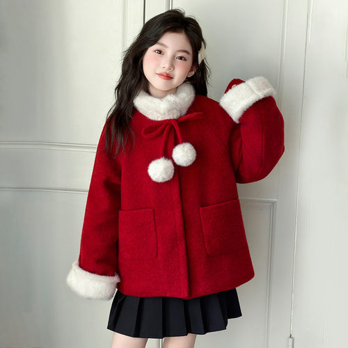 女童红色毛呢外套加厚年服大衣