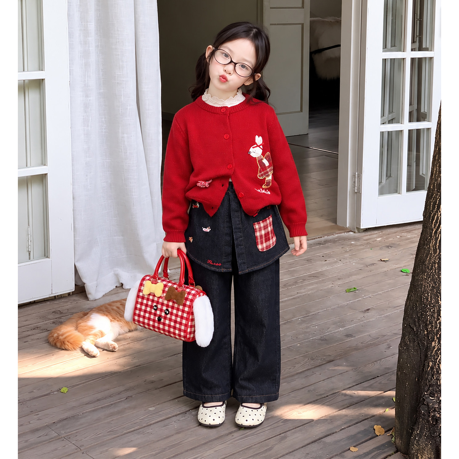 秋季韩版女童加绒毛衣开衫两件套图片