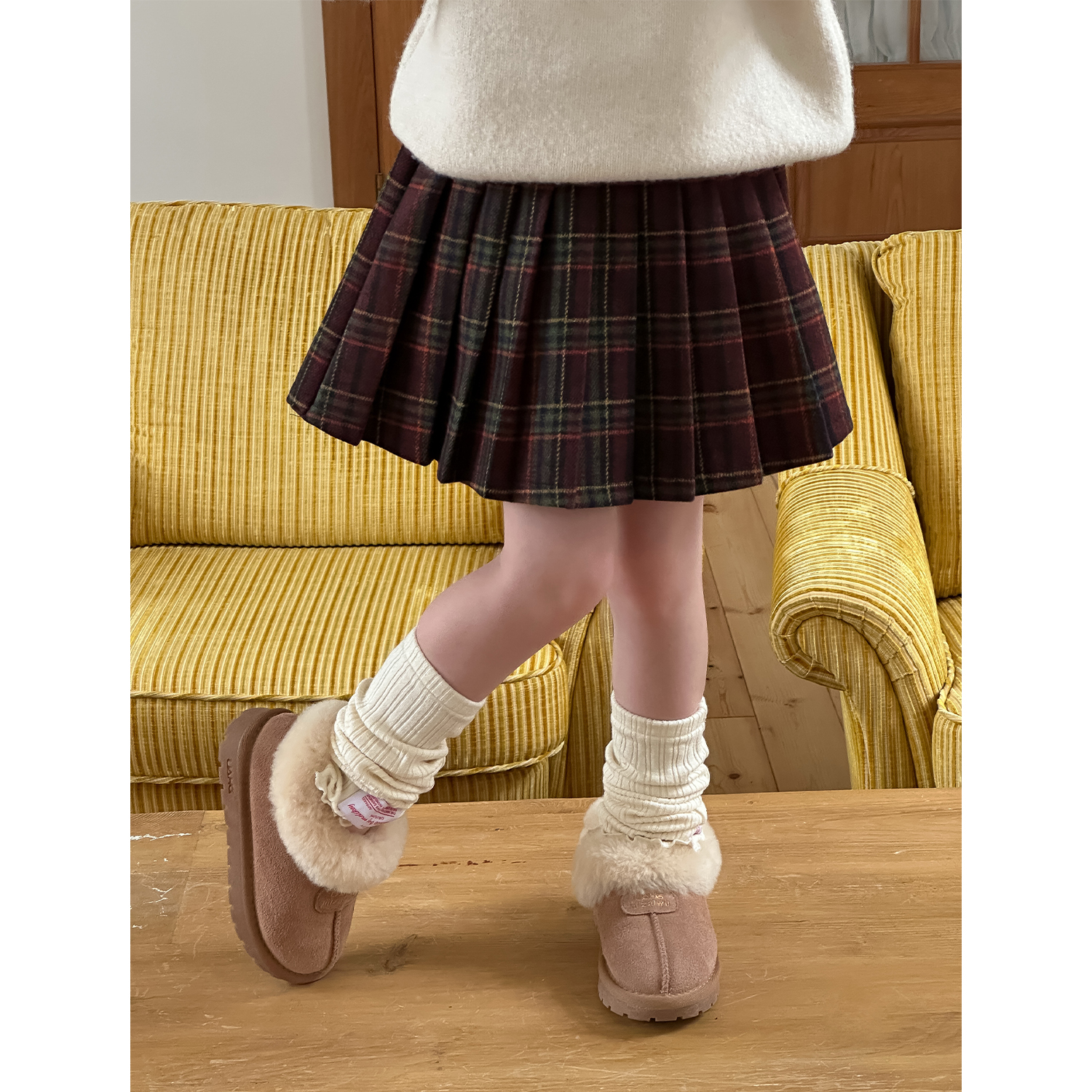 女童学院风红格短裙毛呢百褶裙