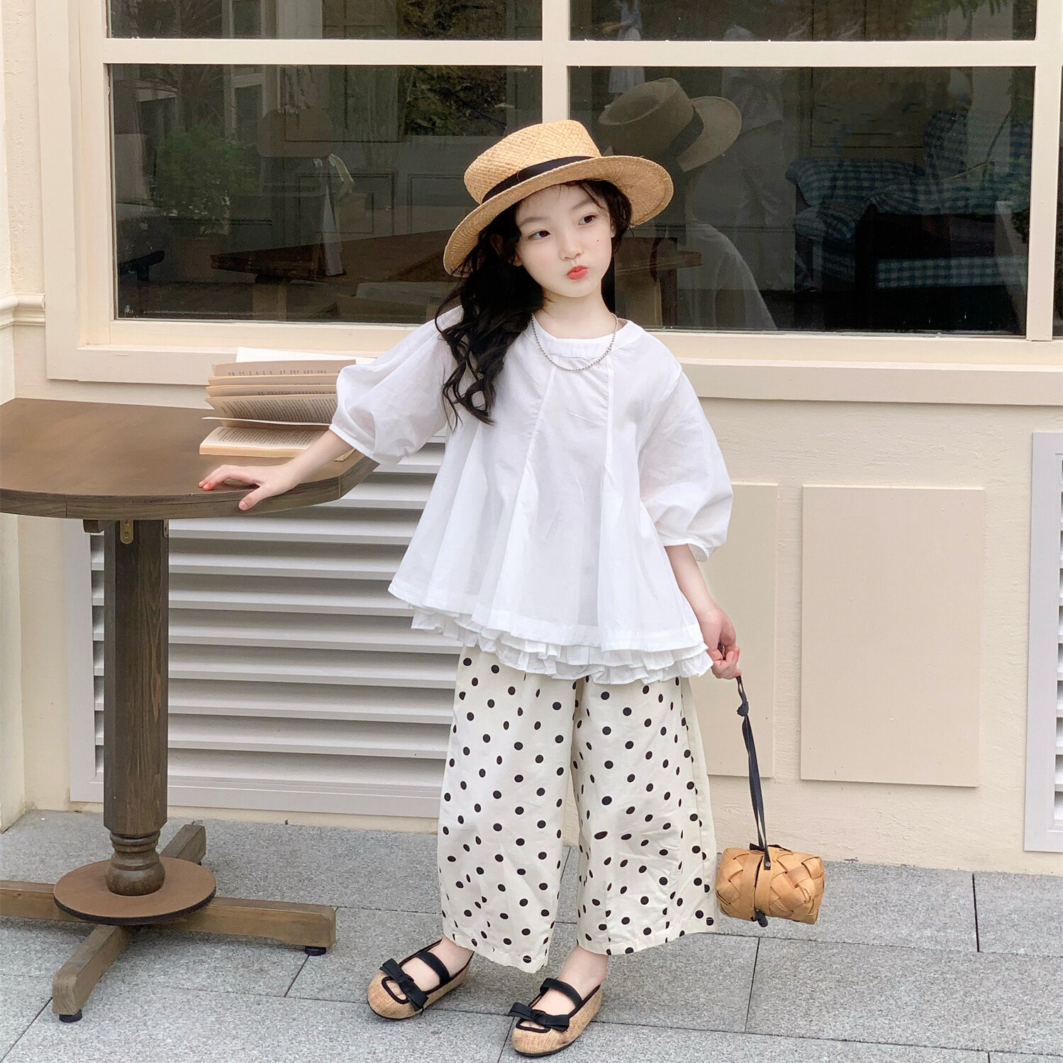 女童套装春秋装2026女宝宝七分袖衬衫波点裤两件套儿童洋气休闲装