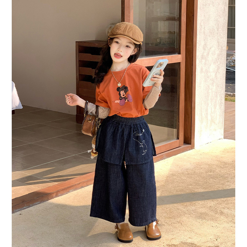 女童春装叠穿T恤屁帘牛仔裤套装图片