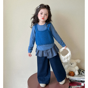 女童春季套装2026韩版针织马甲背心儿童洋气时髦打底衫春装三件套