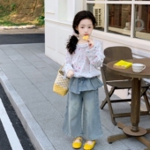 两件套儿童洋气休闲装 2026女宝宝T恤牛仔屁帘裤 春秋装 女童套装