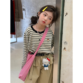 圆领单排扣刺绣针织衫 女童韩版 儿童长袖 新款 复古条纹毛衣2026春装