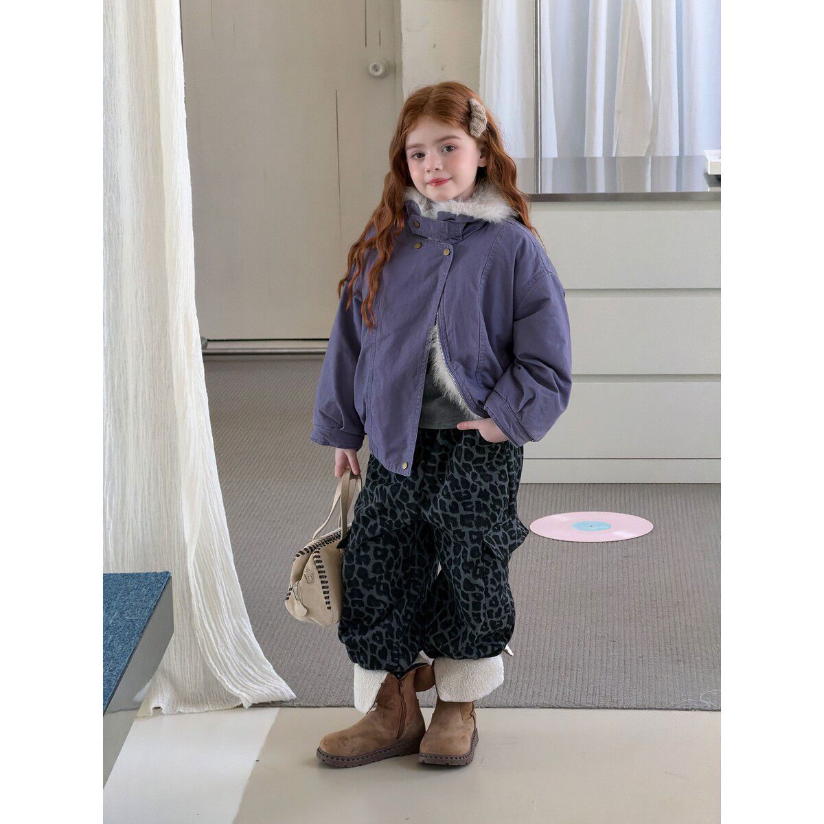 韩版女童紫色连帽加绒加厚棉服冬季保暖拉链外套2026秋冬装棉衣