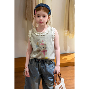女童甜美花边背心绣花牛仔裤套装2026春夏新款儿童韩版百搭两件套
