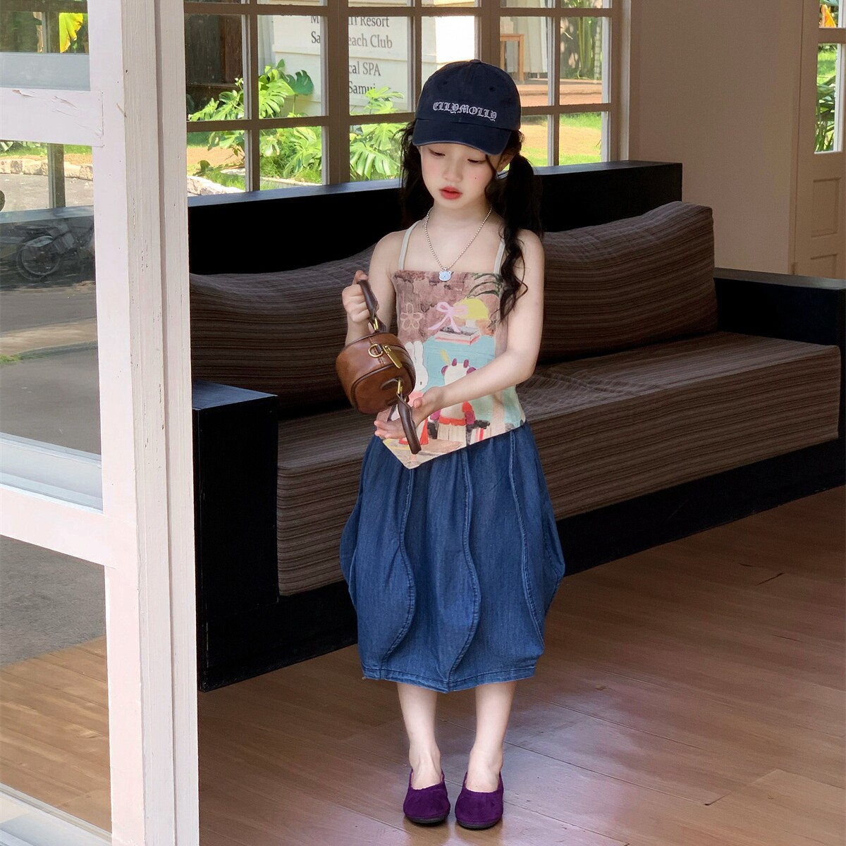 韩版度假风抹胸背心夏季牛仔半身裙两件套女宝宝夏装吊带花苞裙子