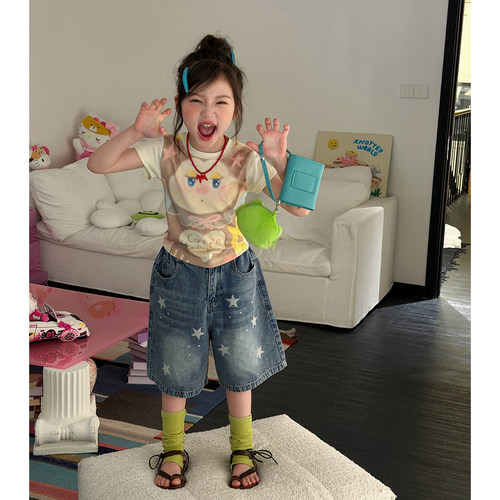 女童夏季卡通短袖星星牛仔短裤潮