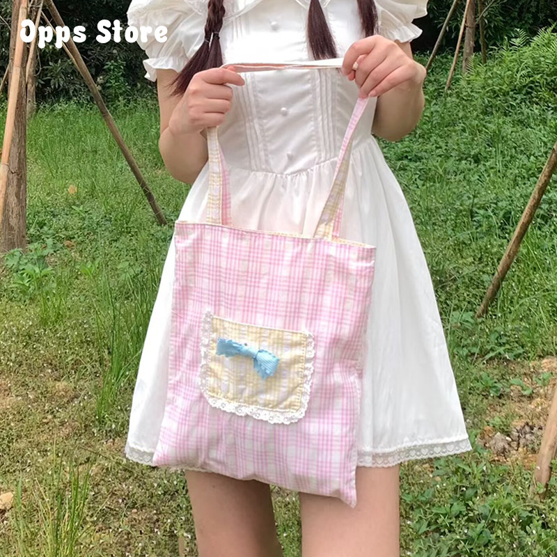 单肩格纹帆布包女蝴蝶结2024托特包