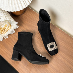 瘦瘦靴短靴2025秋冬新款粗跟单靴水钻方头短筒靴弹力靴加绒袜靴女